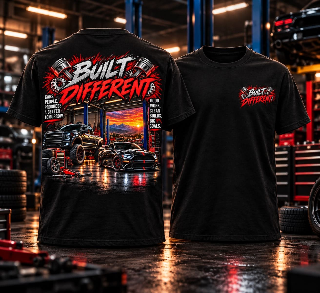 Black tee shown back and front: a garage scene with a lifted truck and a Mustang under Built Different lettering; a small piston logo on the front.