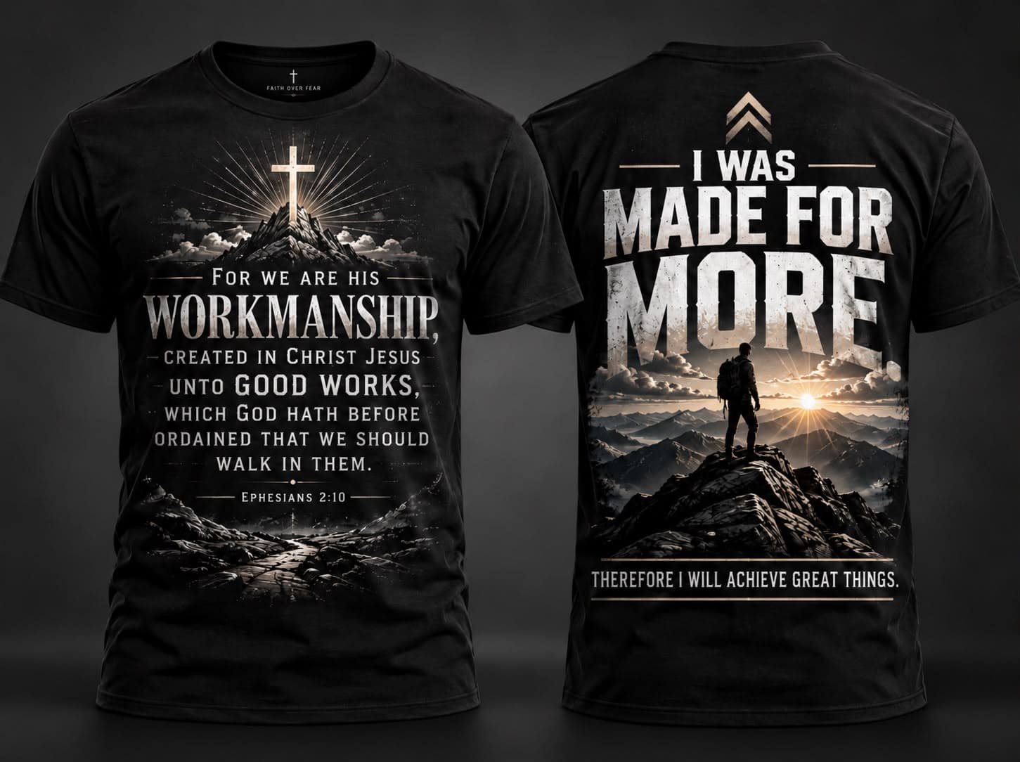 Black tee shown front and back: Ephesians 2:10 beneath a cross on a mountain on the front; I was made for more over a hiker at sunrise on the back.
