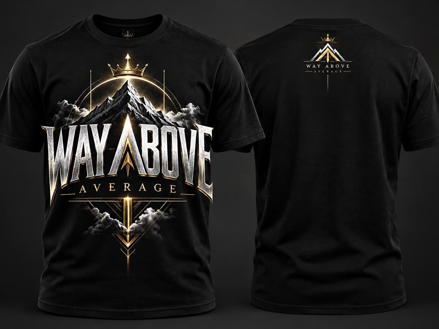 Black tee shown front and back: a crowned mountain over the words Way Above Average on the front, a small peak mark on the back.